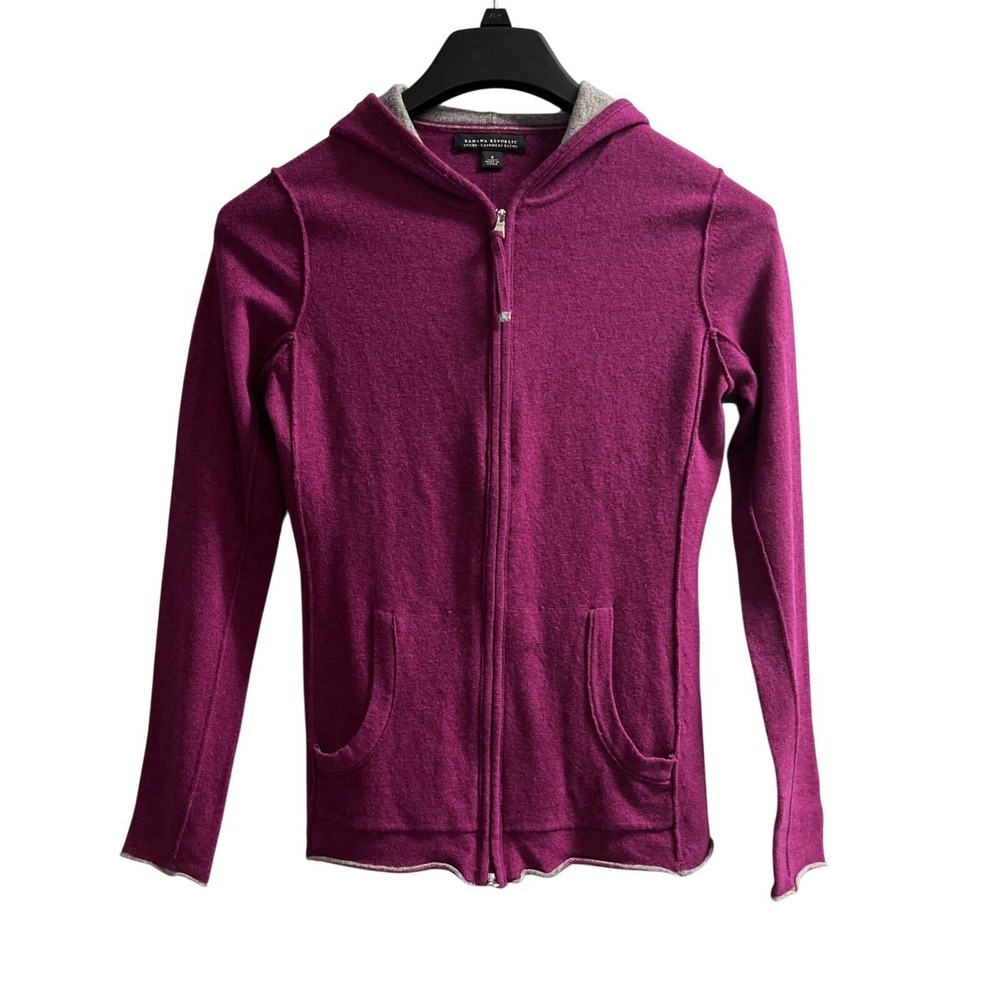 Banana Republic Sweater Wool Cashmere Purple Hooded Full Zip Gray Trim Size S